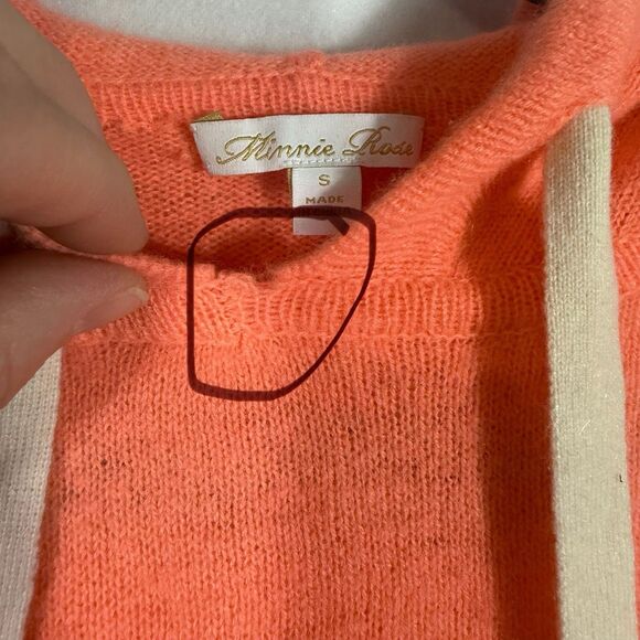 Minnie Rose Coral Orange Hooded Cropped Chewed Hem Cashmere Sweater Size S Cozy - Picture 9 of 12
